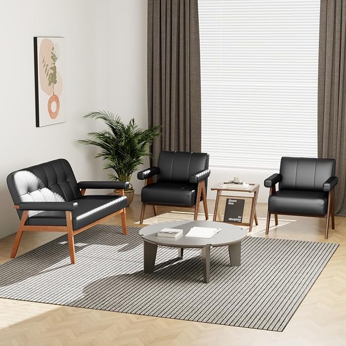 STHOUYN Black Leather Accent Chairs, Mid Century Modern Chair, Side Arm Chairs for Living Room, Office Guest Waiting Room Chairs (1, Black)