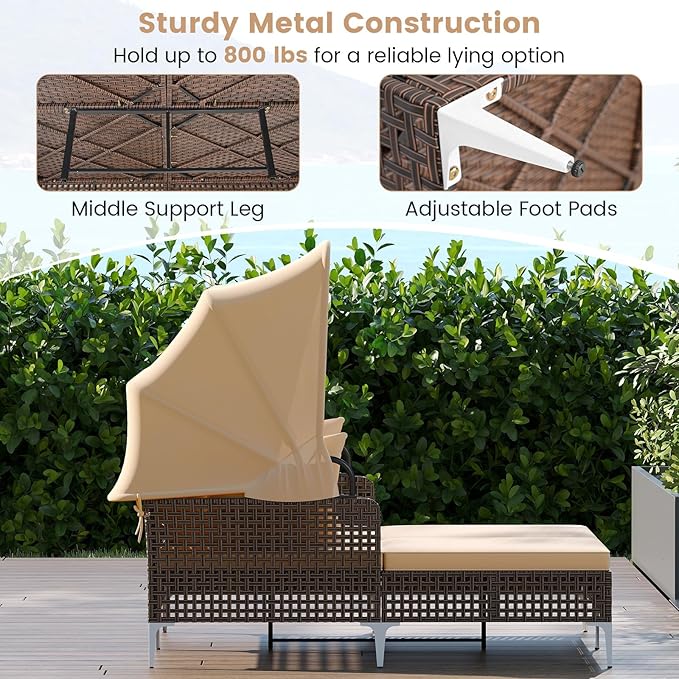 HAPPYGRILL Outdoor Daybed with Retractable Canopy, PE Wicker Rattan Patio Double Chaise Lounger with Cushions, Outside Sunbed Furniture for Garden, Poolside and Backyard (Beige)