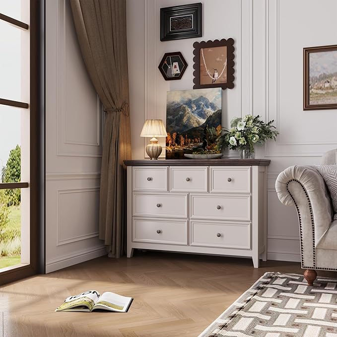 Antique White Dresser for Bedroom 7 Drawers Dresser,7 Chest of Drawers Storage Cabinet for Living Room,Filing Cabinet for Home Office