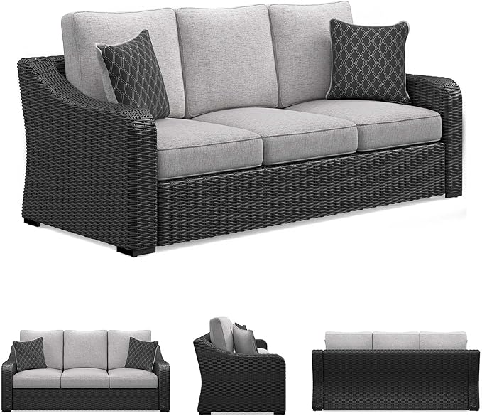 Signature Design by Ashley Beachcroft Casual Nuvella Weather Resistant Fabric Outdoor/Indoor Sofa with Cushion and 2 Toss Pillows, Black & Light Gray