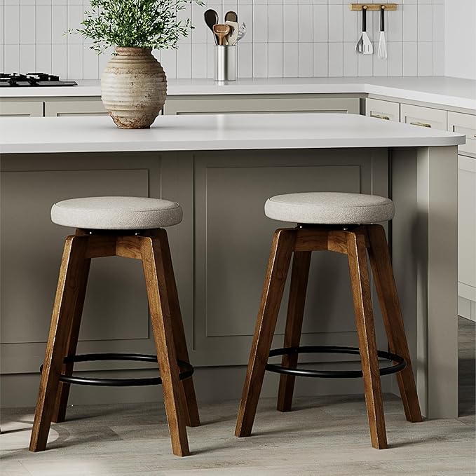 Swivel Premium Solid Wood Counter Stool 25", Set of 2, 360° Rotating Upholstered Cushion, Backless Bar Chair for Island, Pub, Kitchen, Dining Room (Walnut)