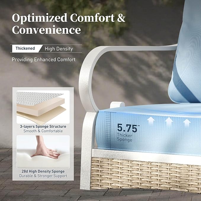 6 Piece Metal Outdoor Patio Furniture Sets, Patio Conversation Sets 1 3-seater Sofa, 4 Single Sofa with 5.75" Extra Thick Cushion and Coffee Table, White Frame Backyard Furniture, Blue