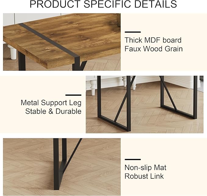 55'' Dining Table for 4-6, Wood Kitchen Table with Metal Legs, Dinner Table for 4-6 for Home Dining Room Living Room