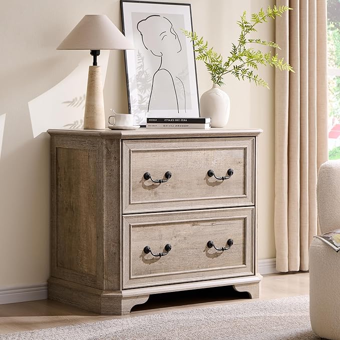 T4TREAM 34" Lateral File Cabinet with 2 Drawers, Farmhouse Filing Cabinet with 34" Wide Wooden Tabletop & Smooth Rails, Holds Letter/Legal, Hexagonal Design & Framed Drawer Fronts, Light Rustic Oak