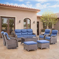 Swivel Patio Chairs sofa Set of 8 with 6" Thick Cushion - Wicker Outdoor Swivel Rocker Patio Chair ,Sofa/Glass coffee table, High Back Comfortable Outdoor Glider Chairs - Brown Wicker - Blue Cushions