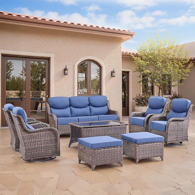 Swivel Patio Chairs sofa Set of 8 with 6" Thick Cushion - Wicker Outdoor Swivel Rocker Patio Chair ,Sofa/Glass coffee table, High Back Comfortable Outdoor Glider Chairs - Brown Wicker - Blue Cushions