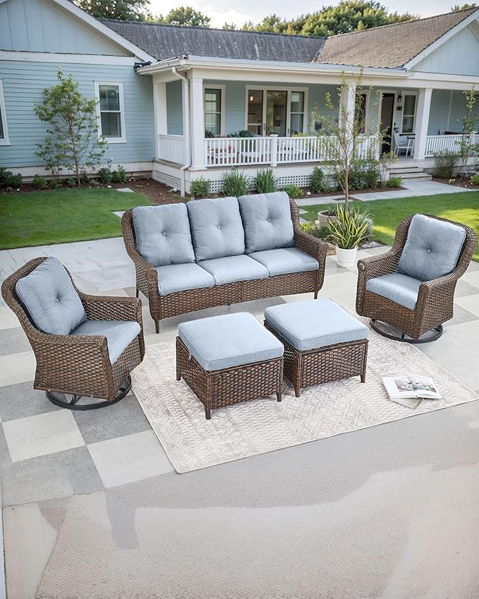 Patio Couch Outdoor Wicker Sofa - Heavy Duty All-Weather Brown Rattan 3-Seater with High Back and Comfortable Thick Cushions for Garden Back Porch Poolside Apartment - Baby Blue