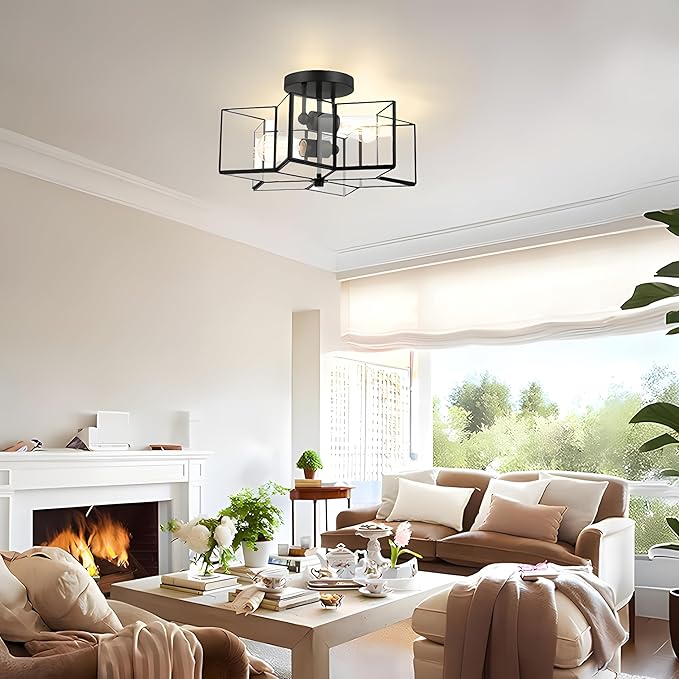 Bofea-Modern Black Semi Flush Mount Ceiling Light Star Ceiling Light Vintage Octagon Lights Fixture Black Flush Light Fixture for Bedroom 2-Lights Clear Glass Semi Flush Mount Chandelier for Hallway