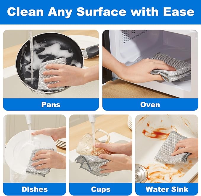 JOYMOOP Multipurpose Non-Scratch Wire Dishwashing Rag for Wet and Dry, Reusable Cleaning Cloths, Scrubbing Pads for Dishes, Glass, Stainless Steel - 5 Pack