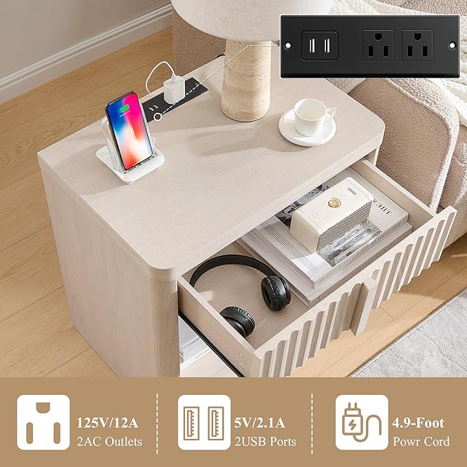 Fluted Nightstand Set of 2 with Charging Station, 23.6" End Table with Open Shelf and Drawers Storage, Bedside Table with Solid Wood Handle, Curved Profile Design, Night Stand for Bedroom