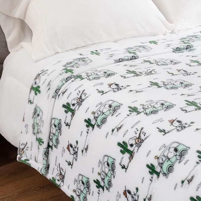 Berkshire Blanket Peanuts® VelvetLoft® Cute Character Snoopy Plush Blanket,Snoopy Desert Travel White,Twin 60 in x 90 in (Official Peanuts® Product)