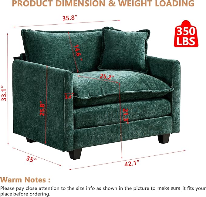 Aoowow Chenille Upholstered Accent Chair Oversized,Fluffy Single Cloud Sofa Chairs with Deep Seat,Modern Large Reading Arm Chair with Throw Pillow for Living Room,Bedroom (Green, Single Sofa Chair)
