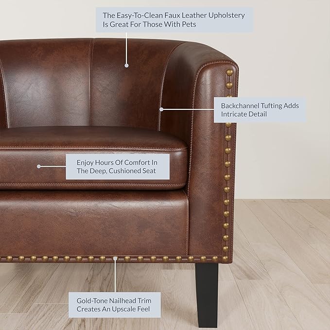 BELLEZE Accent Barrel Chair, Modern Faux Leather Tub Club Chair Upholstered Armchair with Gold Nail Head Trim and Black Legs for Living Room Bedroom Apartment Lounge - Brown