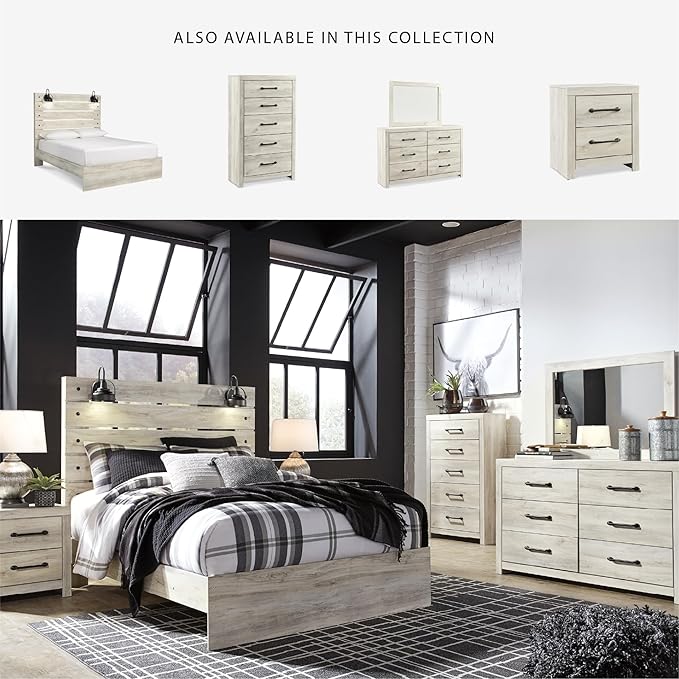 Signature Design by Ashley Cambeck Farmhouse Queen Panel Bed with LED Sconce Lights and USB Charging Ports, Open Slat Styling, Foundation or Box Spring Needed, Wood, Whitewash Finish