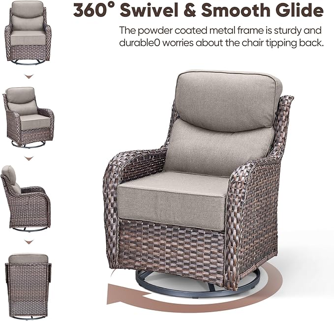 Swivel Patio Chairs sofa Set of 7 with 6" Thick Cushion - Wicker Outdoor Swivel Rocker Patio Chair ,Sofa/Glass coffee table, High Back Comfortable Outdoor Glider Chairs - Brown Wicker | Gery Cushions