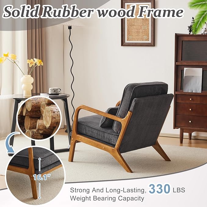 VINGLI Upgraded Premium Corduroy Accent Chair,Upholstered Arm Chair,Solid Wood Comfy Reading Chair with Lumbar Pillow, Mid Century Modern Chairs for Living Room,Bedroom,Dark Grey