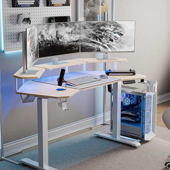 EUREKA ERGONOMIC Aero 55 Inch W Shaped Electric Standing Desk, Height Adjustable Computer Gaming Desk with LED Monitor Shelf, Mouse Pad, Headphone Hook, Cup Holder, Natural Maple