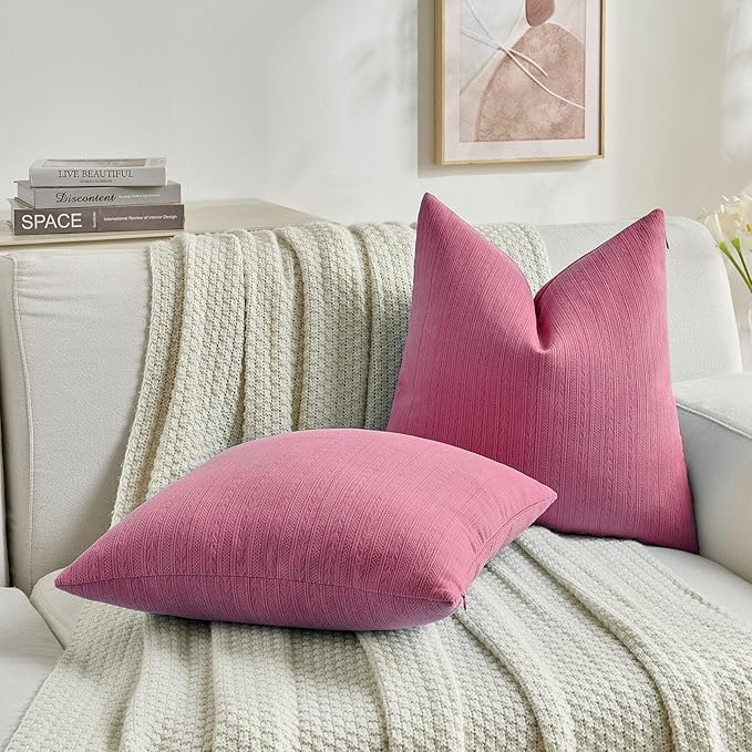 FUTEI Hot Pink Decorative Throw Pillow Covers 20x20 Inch Set of 2,Soft Cozy Wheat Ear Striped Patterns Cushion Cases,Modern Home Decor for Couch Bed Living Room