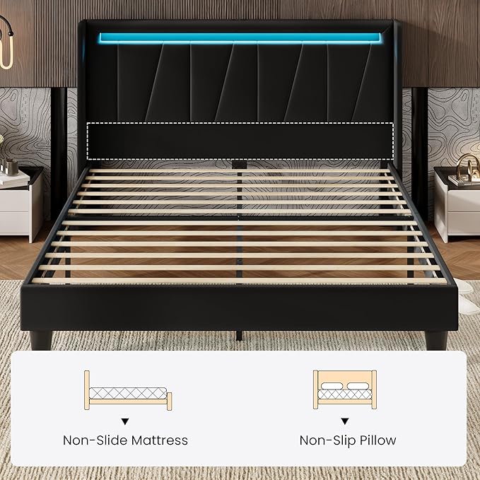SHA CERLIN Queen Bed Frame with Charging Station and LED Lights, Modern Velvet Platform Bed with Upholstered Geometric Wingback Headboard, No Box Spring Needed, Easy Assembly, Black