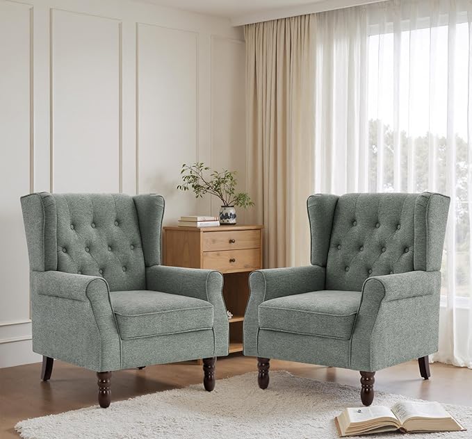 Lumibee High Back Accent Chair Set of 2,Upholstered Wingback Armchair with Solid Wood Legs for Small Spaces,Comfy Single Sofa Chair for Living Room,Bedroom,Office-Gray