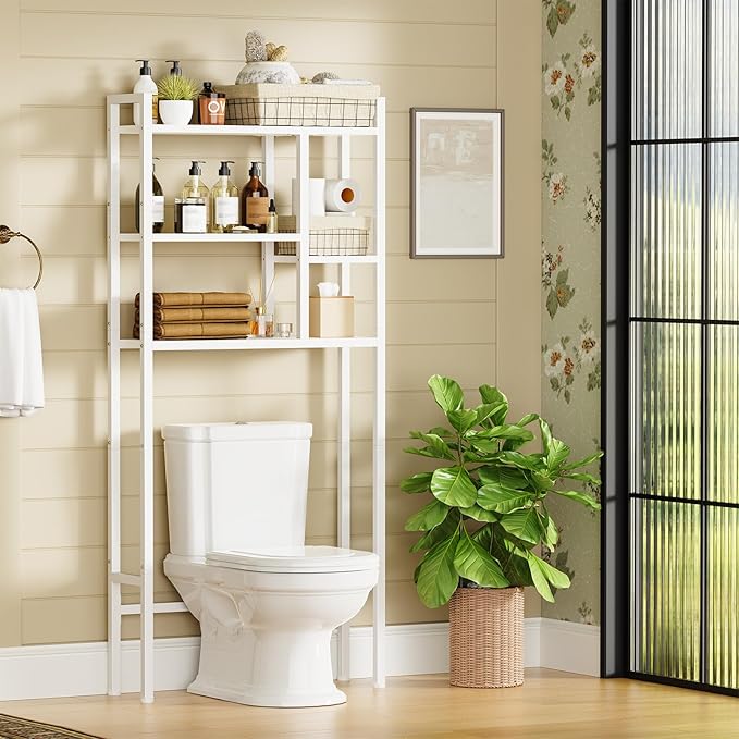 Over The Toilet Storage Rack, 3-Tier Bathroom Organizer Over Toilet, Wooden Above Toilet Storage Shelf, Space Saver, Freestanding BathroomStorage Metal Shelf, Easy to Assemble, White