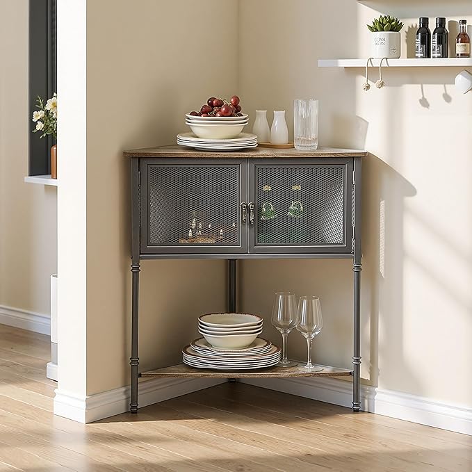 VECELO 3 Tier Corner Shelf,Corner Table with Mesh Door and Open-Shelf,Corner Cabinet Stand,Metal Frame Organizer Display Storage Shelves for Bedroom,Living Room,Kitchen,Bathroom