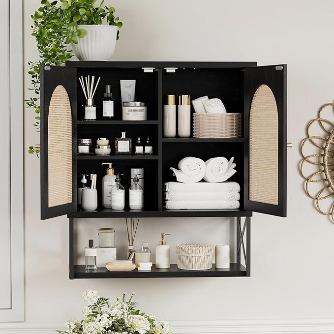 Rattan Bathroom Wall Cabinet, Boho Medicine Wall Cabinet with Double Doors and Adjustable Shelves, Tall Kitchen Wall Mounted Storage Cabinet, Floating Space Saver Over Toilet, Black