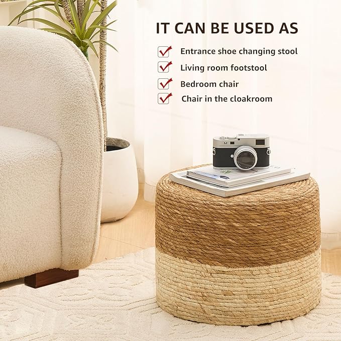 Wimarsbon Round Pouf Ottoman, Natural Hand Knitted Footrest Poof, Rustic Lounge Pouffe, Boho Pous Foot Stool, Accent Table or Seat (Natural Cattail, 15.7 * 15.7 * 11.8)