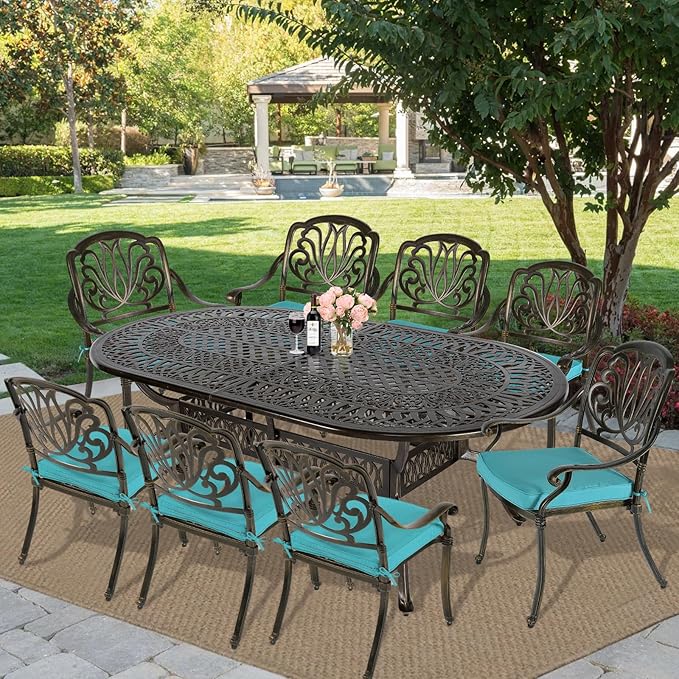 MEETWARM 9-Piece Outdoor Patio Dining Set, 8 Outdoor Dining Cushioned Chairs and 1 Oval Table with 2" Umbrella Hole, All Weather Cast Aluminum Patio Funiture Set for Backyard, Ocean Blue