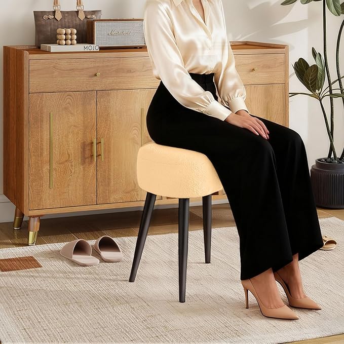 White Vanity Stool, Soft Makeup Stool with Solid Metal Legs for Vanity Corner, Morden Footrest Easy to Assembly（Camel）