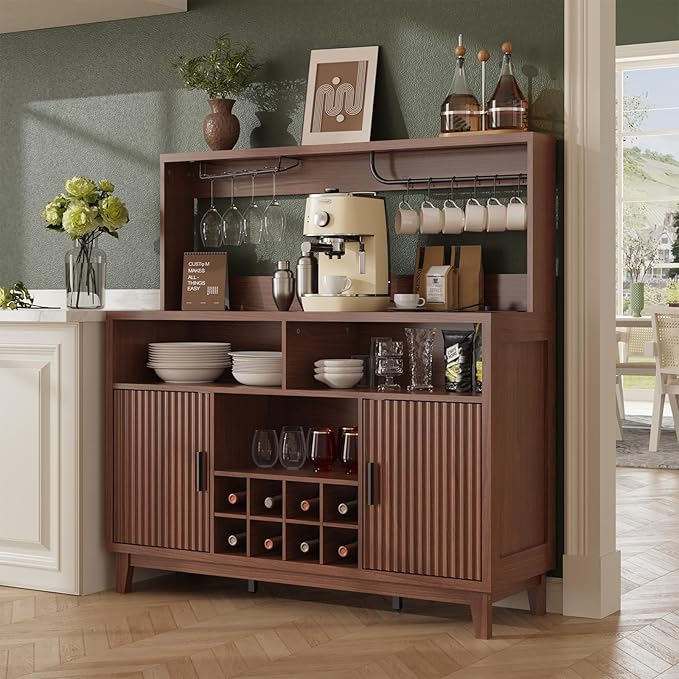 Fluted Buffet Cabinet with Storage, Modern Coffee Bar Cabinet with Outlet, Wine Rack, Cup Holder, Multi-Functional Accent Liquor Cabinet for Living Room, Entryway, Kitchen, Walnut