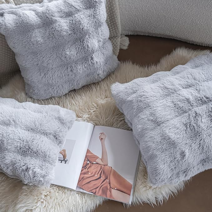 Neelvin Gray Faux Fur Cozy Soft Double-Sided Decorative Throw Pillow Covers 18x18 inch Set of 2,Velvet Pillowcase Cushion Case for Sofa Couch