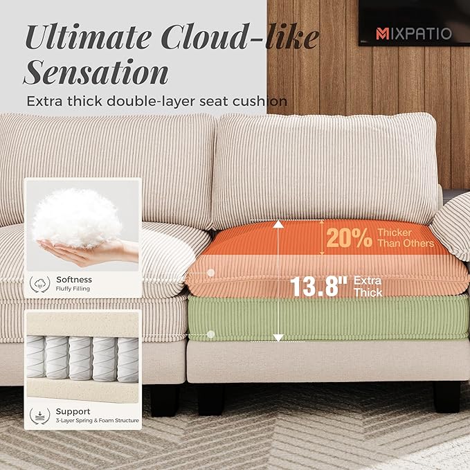 157-Inch U Shaped Sectional Sofa with Cloud Cushions, Deep Seat Modular Couch Set w/ 6 Seats & 2 Ottomans, Plush Chenille & Corduroy Upholstery for Living Room, Apartment - Beige
