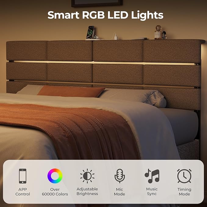 Full/Queen Size Upholstered Headboard, Adjustable Head boards with LED Light & Charging Station, Bed Headboard Only, Attach Frame, Study & Comfortable, Ideal for Bedroom, Dorm, Guest Room, Beige