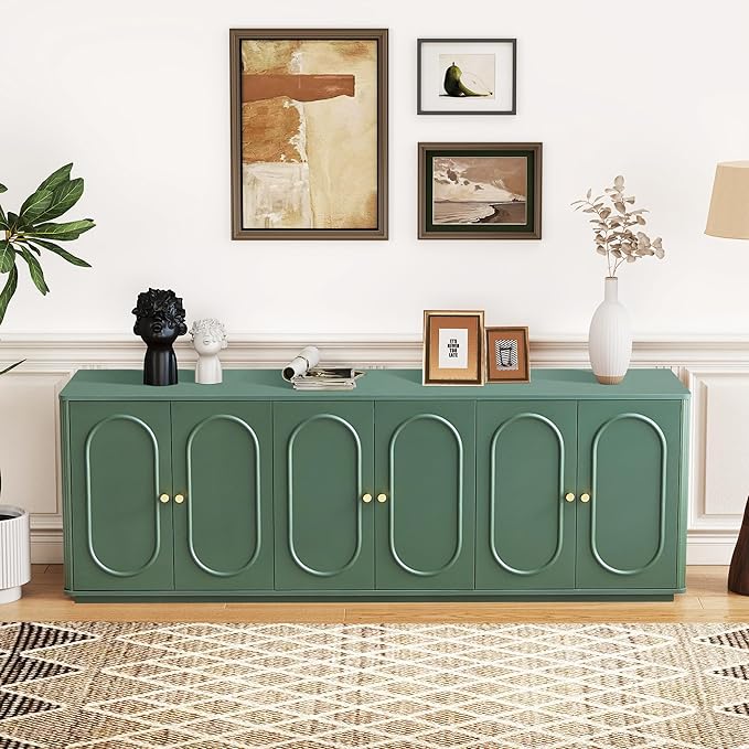 63'' Fluted Sideboard Buffet Cabinet with Storage and 6 Doors, Low Storage Cabinet Modern Wooden Accent Credenza Console Table for Kitchen Dining Living Room Entryway, (63"W*15.75"D*21.4"H) Green