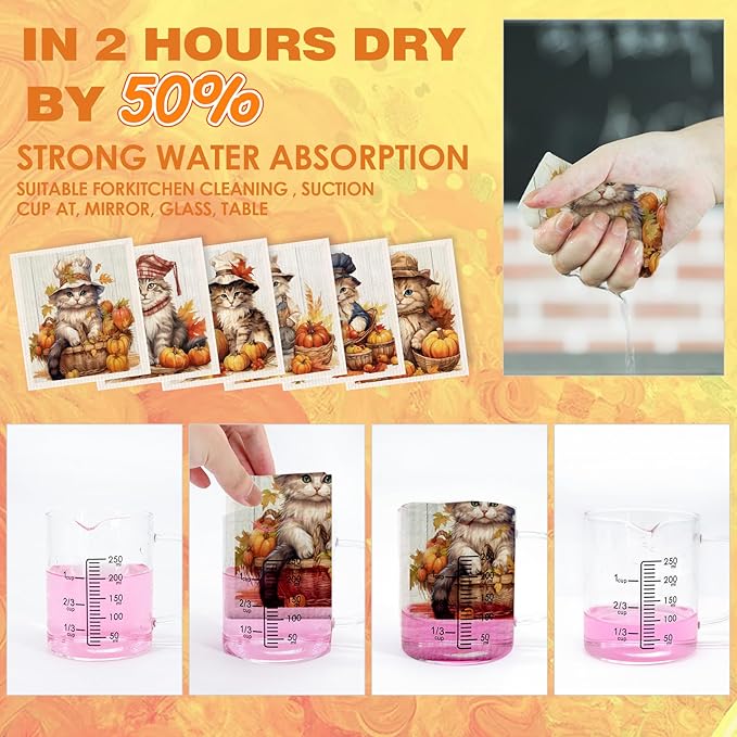 Morigins Swedish Dishcloths for Kitchen,6 Pack Fall Pumpkin Cat Swedish Dish Towels,Cellulose Sponge Cloths,Non Scratch Reusable Paper Towels, Biodegradable and Reusable Kitchen Dish Rags