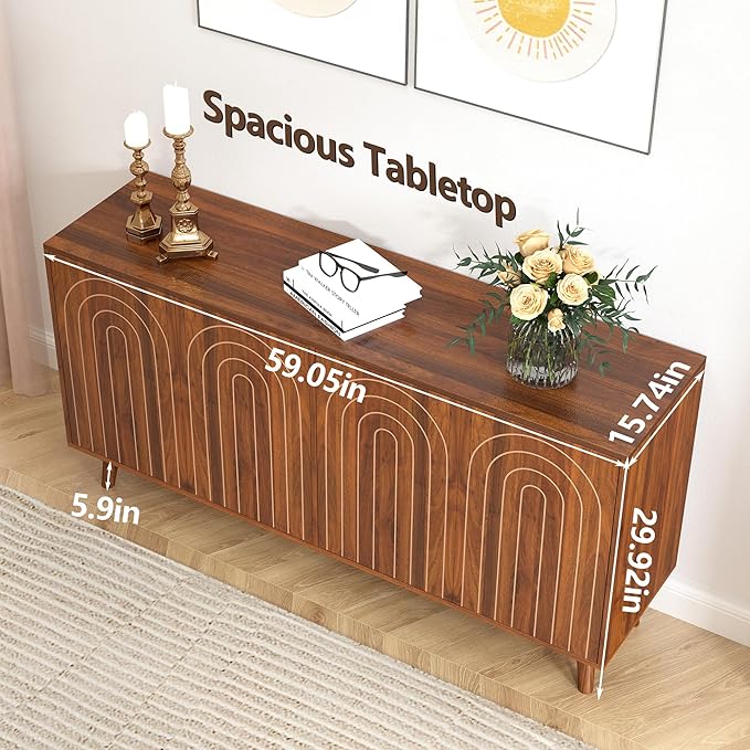 59" Buffet Cabinet with Storage, Modern Accent Sideboard Storage Cabinet with 4 Doors & Carving Lines, Wooden Coffee Bar Table Console for Living Room Kitchen Office and Hallway (Walnut)