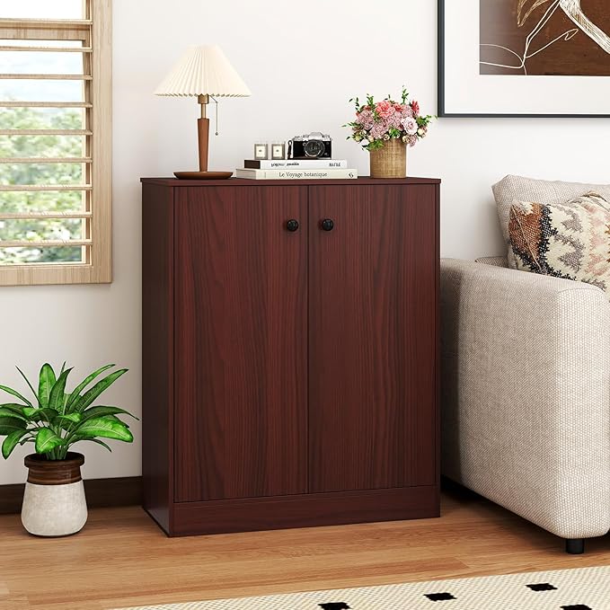 GOFLAME Floor Storage Cabinet with 2 Doors, Freestanding Accent Storage Cabinet Organizer with 3-Tier Inner Shelves, Modern Sideboard Buffet Cabinet for Kitchen, Living Room, Entryway, Dark Brown