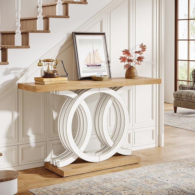 Tribesigns 55-Inch Console Table with Geometric Wood Base, Modern Entryway Table with Thick Tabletop for Living Room, Hallway, Foyer (White)
