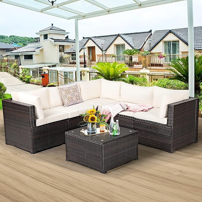Tangkula 6 Pieces Patio Furniture Set, Outdoor Rattan Sofa Set, Wicker Conversation Set w/Tempered Glass Coffee Table & Cushions, Sectional Sofa Set for Backyard, Garden, Balcony, Poolside (Beige)