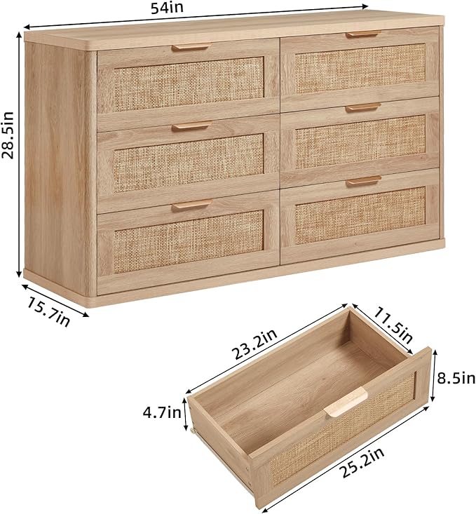 LEYAOYAO Rattan 6 Drawer Dresser for Bedroom Set of 2, Boho 54" Wide Natural Wood Dresser Chest of Drawers, Dressers TV Stand with Metal Handle, Storage Dressers Closet Organizer for Living Room