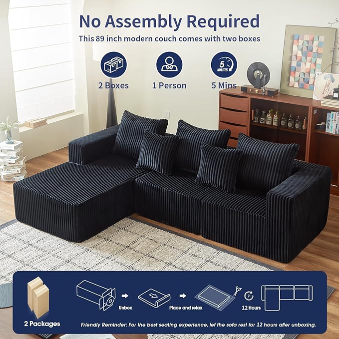 102" Cloud Couch for Living Room,Boneless Couch with Oversized Chaise,Deep Seat Sofa with 5-Pillows for Bedroom,Corduroy Sofa in A Box,Black