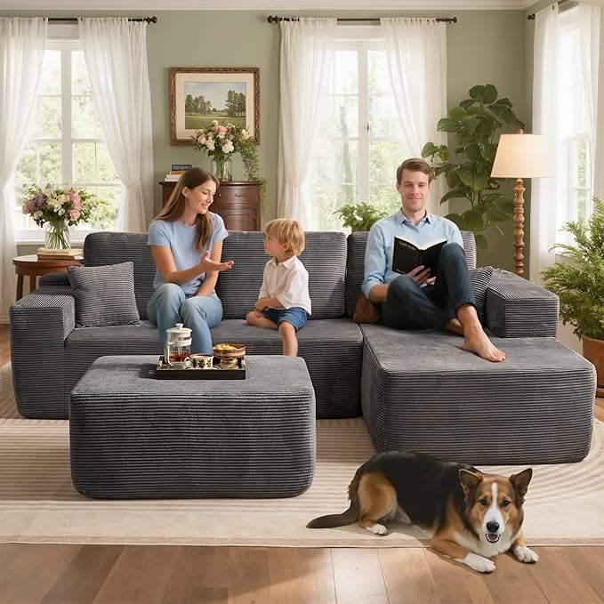106" Cloud Sectional Couch with L-Shape Chaise & Ottoman, No Assembly Modular Sofa, Deep Seat Corduroy Boneless Couched for Living Room (Gray Stripe Corduroy, Right Facing Chaise with Ottoman)