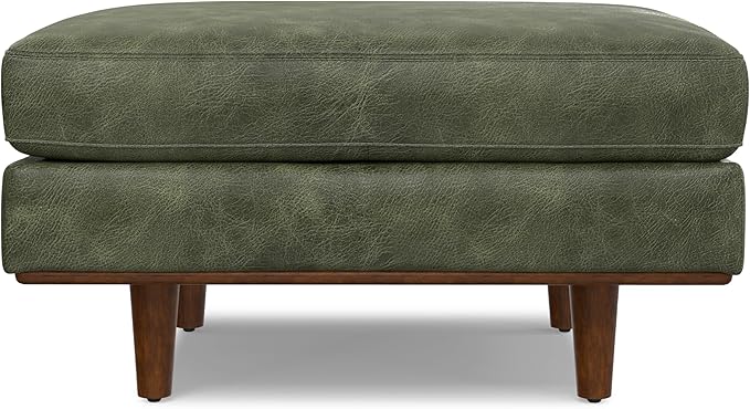 SIMPLIHOME Morrison 33 inch Wide Ottoman in Moss Green Genuine Leather, Multifunctional Footrest, Coffee Table, and Extra Seating for Living Room, Mid-Century Modern Style