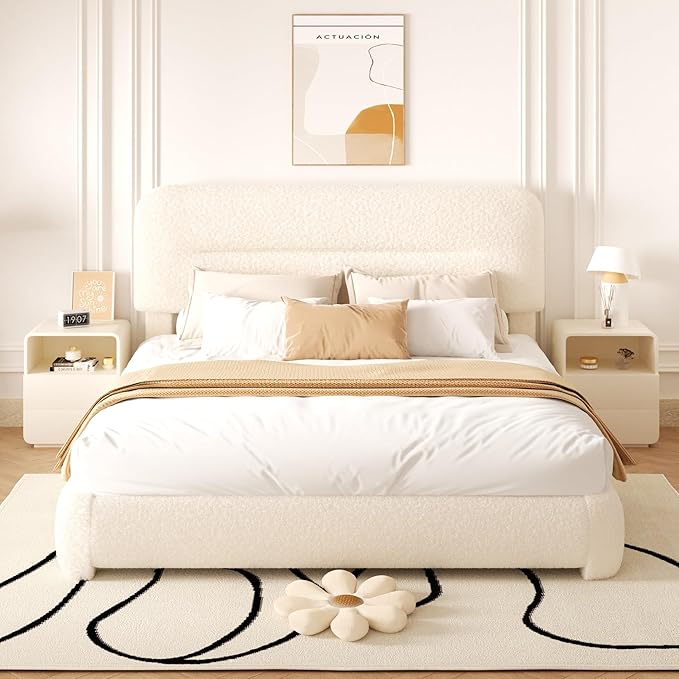 Queen Bed Frame, Cloud Upholstered Boucle Platform Bed with Adjustable Headboard, Anti-Collision Soft Rounded Corners, Noise Free, Easy Assembly, Cream
