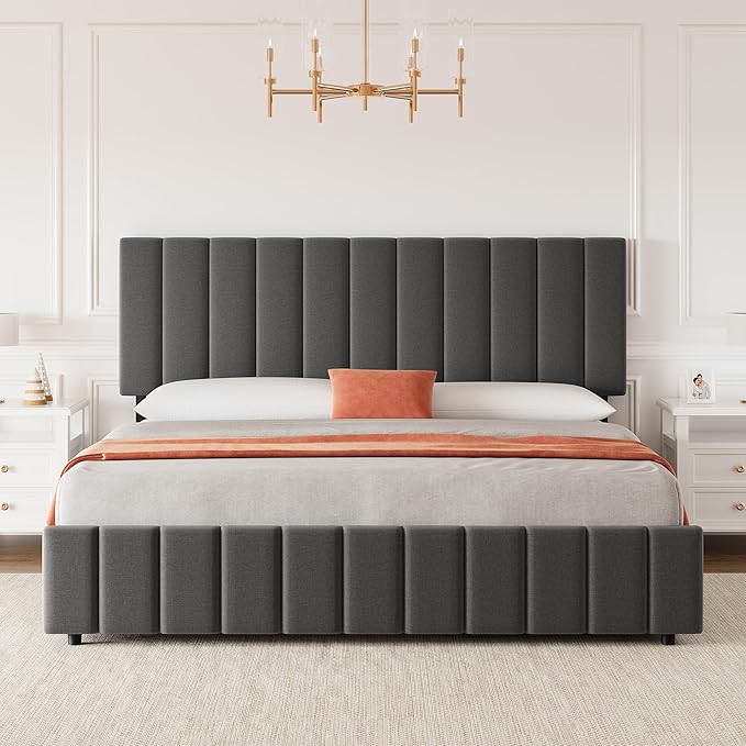 Garvee Queen Size Bed Frame with 4 Storage Drawers, Adjustable Height Headboard, Linen Upholstered Platform Bed Frame, No Box Spring Needed, Easy Assembly, Grey