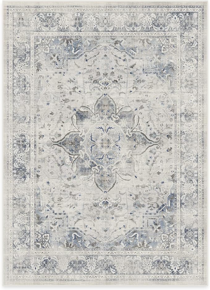 RUGGABLE Washable Vintage Area Rug – Sarrah Blue Quartz 5x7, Stain-Resistant, Non-Slip – Medium Machine Washable Rugs for Living Room, Bedroom, Hallway, Entryway & Office–with Cushioned Pad