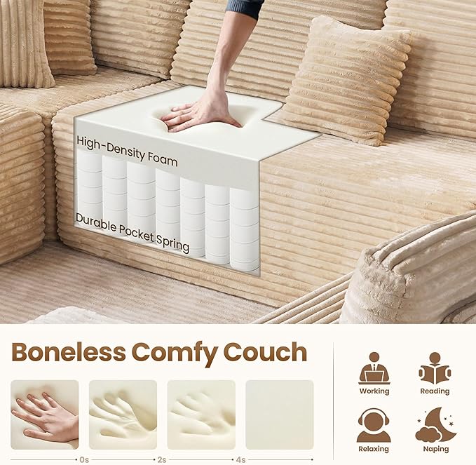 Cloud Sectional Couch with Loveseat, Boneless U-Shaped Cloud Couch with Deep Seat, Soft Plush Modern Minimalist Sofa, Assembly Free Modular Floor Sofa for Office Living Room Apartment, Beige