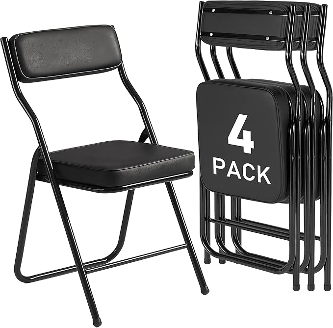 4 Pack Padded Folding Chairs with Cushion, Foldable Dining Chair Set Portable Indoor Outdoor Stackable Folding Chairs with Steel Frame for Home Office Events Wedding Party Black