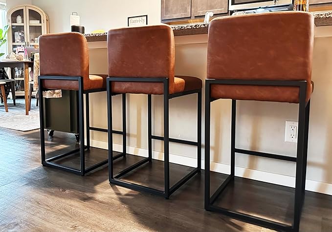 ALPHA HOME 24 Inch Bar Stools Set of 4, Kitchen Counter Stools with Backs, PU Leather Barstools, Kitchen Stools with Back&Upholstered Footrest, Sturdy Chromed Metal Steel Frame, Brown
